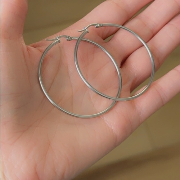 Stainless Steel Non Tarnish Classic Hoop Earrings 50mm - Picture 10 of 12